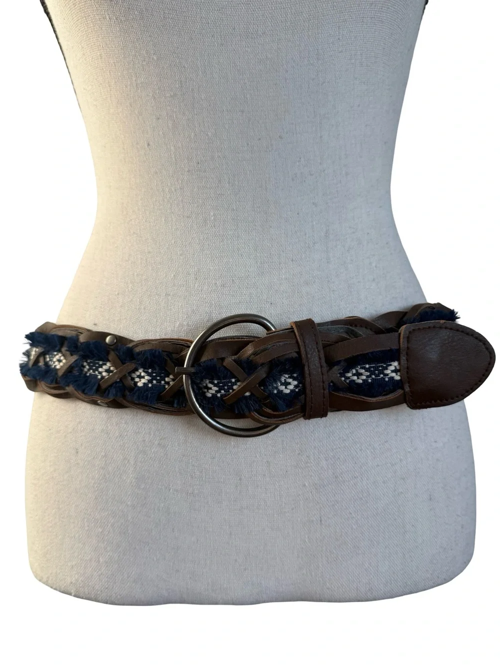Boho Braided Leather Belt Blue Fringe Woven Western Festival Waist Belt